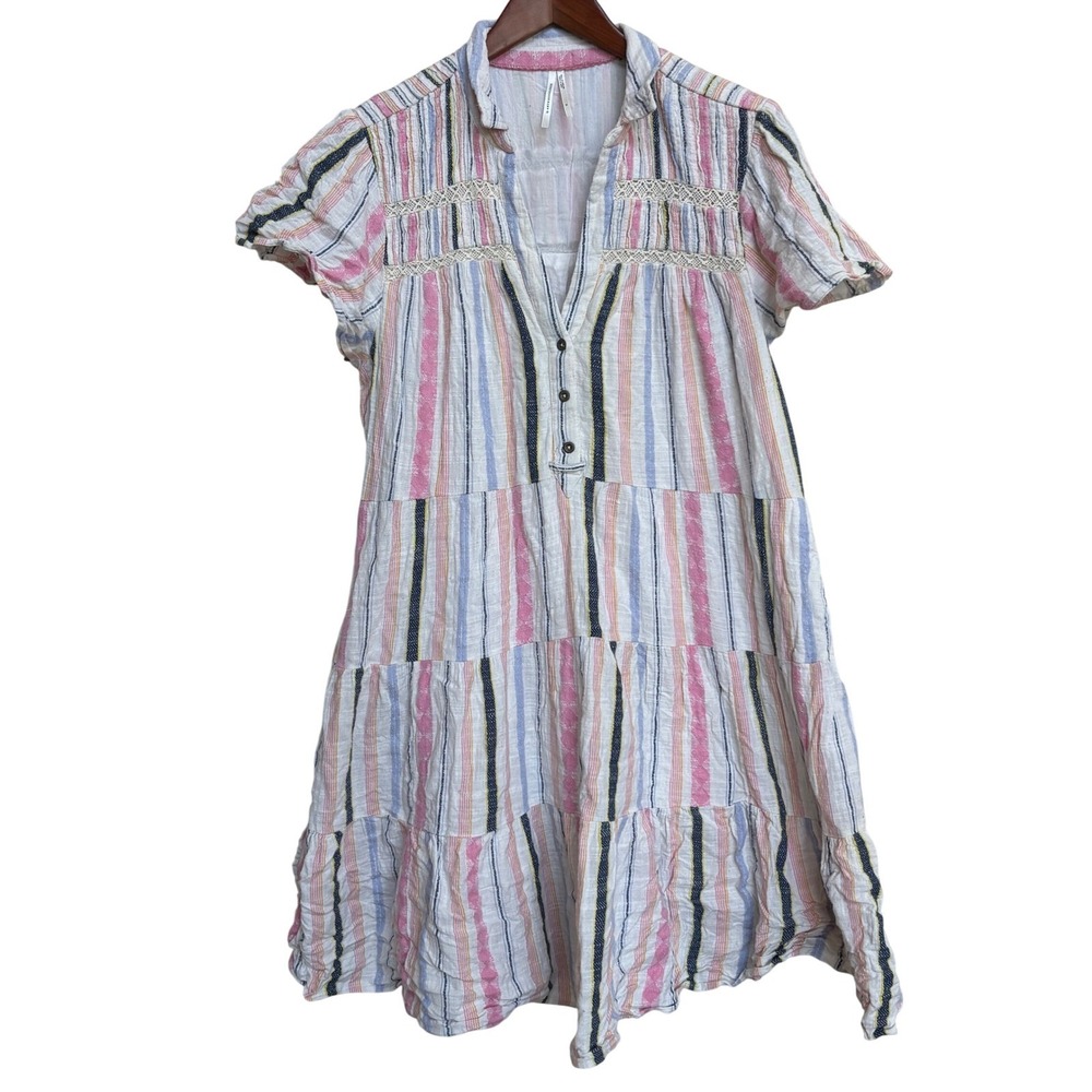 Anthropologie Pink Blue Striped Tiered Babydoll Mini Dress XL Short Sleeve Boho - Picture 2 of 9